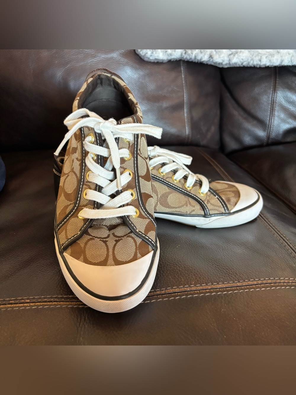 Coach Women’s Signature Canvas Lace-Up Sneakers in Brown and White